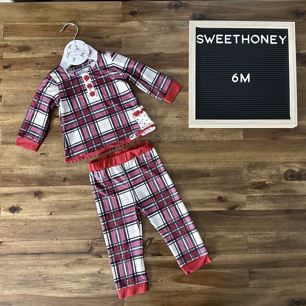 NWT SweetHoney Dreamer Pajama Set Red Plaid Christmas Long Sleeve Pants Baby 6M